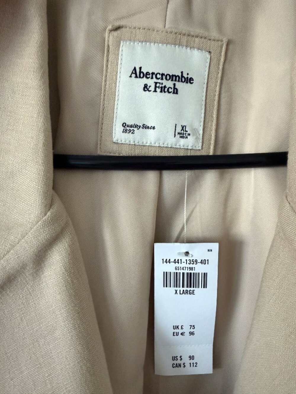 NWT Abercrombie & Fitch Cropped Linen Blend Short Sleeve Blazer Jacket Beige XL - Picture 3 of 7